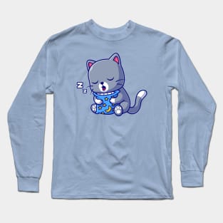 Cute Cat Sleeping With Pillow Cartoon Long Sleeve T-Shirt